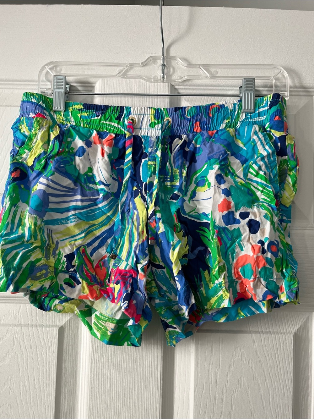 Vibrant Abstract Print Athletic Shorts - Blue, Green & White